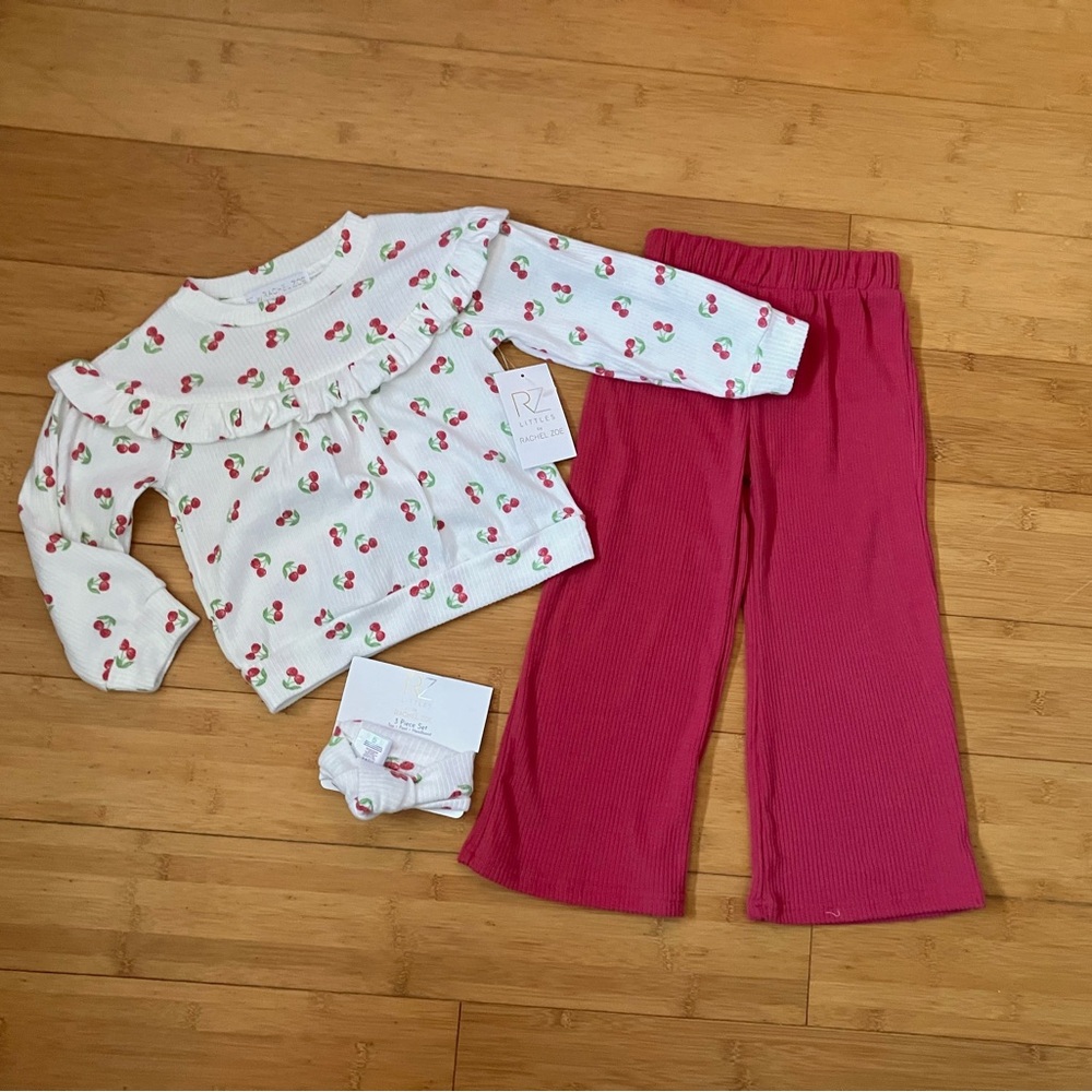 NWT Girls Size 4T Cherry Outfit - Ruffle Top & Ribbed Wide Leg Pants Set